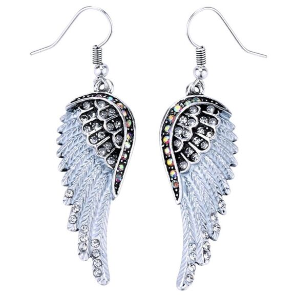 Silver with White Diamond and AB Crystal Angel Wing Dangle Drop Hook Earrings - Picture 1 of 4